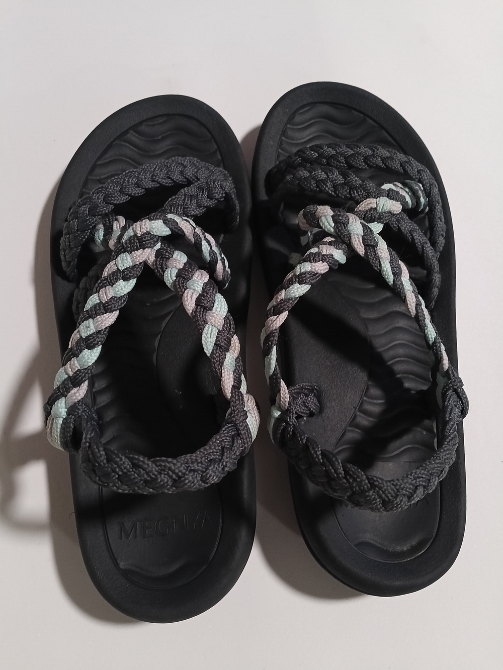 MEGNYA Black Braided Rope Sandals with Mint and Light Gray Accents Like New Sz 8